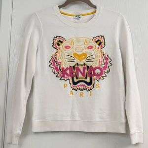 Kenzo White Sweatshirt with Pink and Yellow Tiger Embroidered Size Small